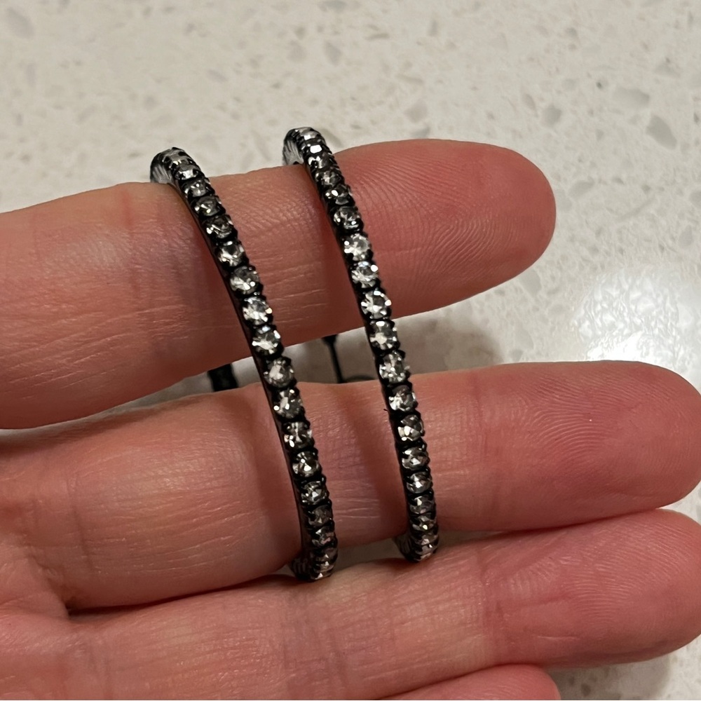 Classic Elegant Rhinestone Black Round Hoop Earrings - Picture 7 of 10